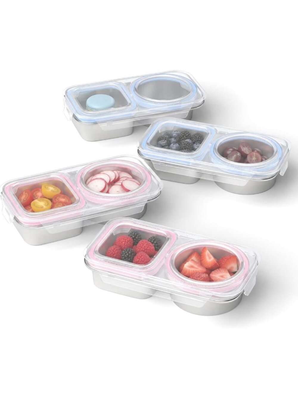 4-Pack Stainless Steel Snack Containers for Kids - 2 Compartment Lunch Boxes